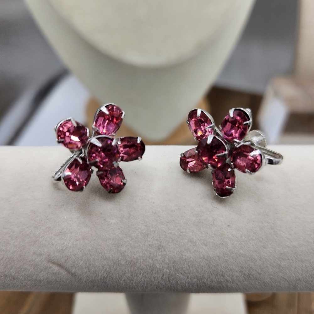 Vintage Pink Flower Screwback  Earrings • 1950s • Silvertone • Floral